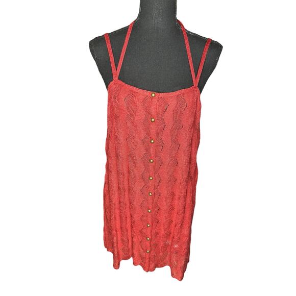 Free People Halter Neck Mini Dress Red Backless Sheer Front Button Crochet S - Picture 1 of 7